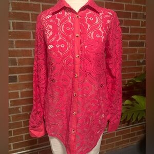 Maeve by Anthropologie Fuchsia Lace Button-Up Shirt